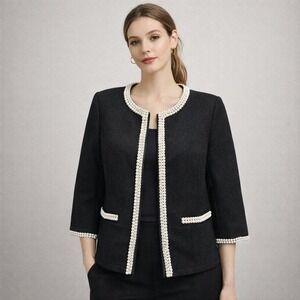 Joan Rivers Pearl Trim Tweed Jacket XS Classic Black Textured Blazer